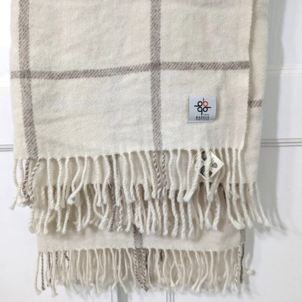 Vintage Barker Textiles 100% Wool Cream Plaid Throw Blanket 70